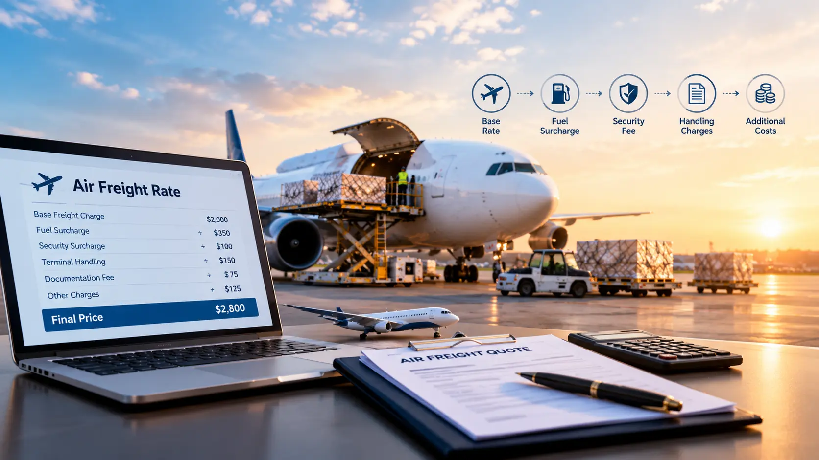 Air freight rates and pricing explained with cargo aircraft at golden hour