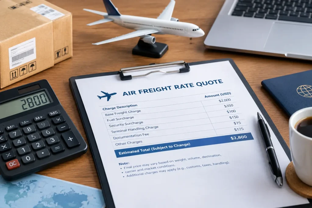 Air freight rate quote with surcharges on a clipboard
