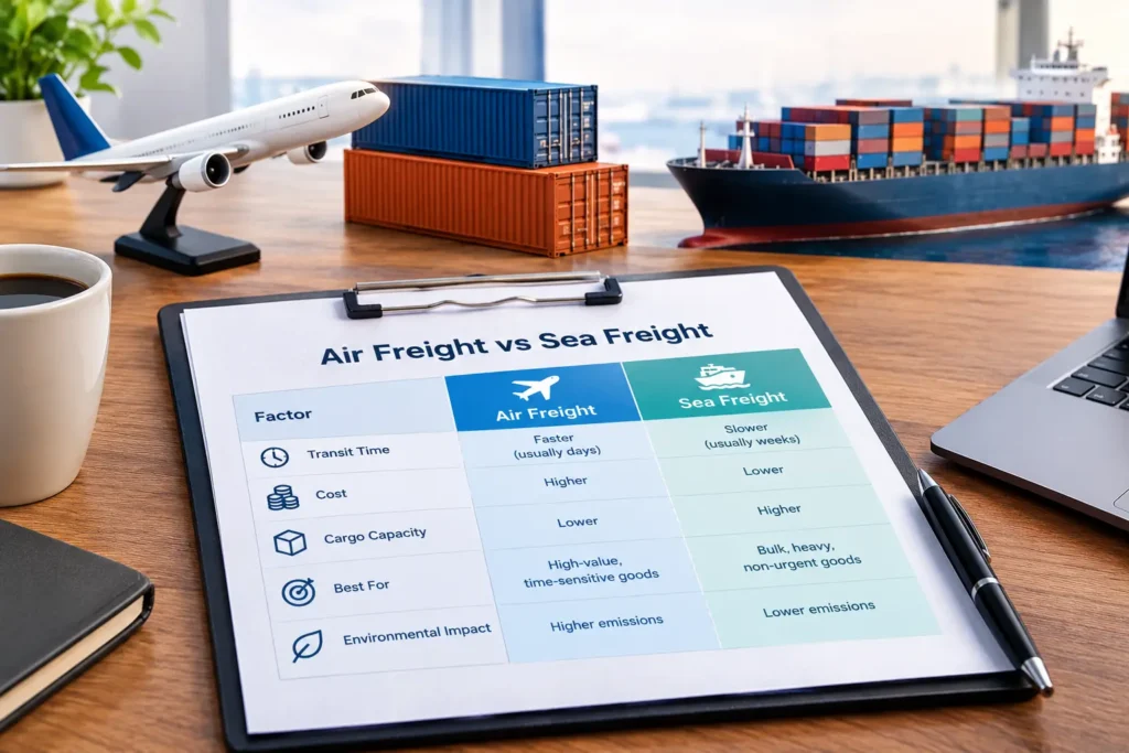 Air freight vs sea freight comparison chart on a desk
