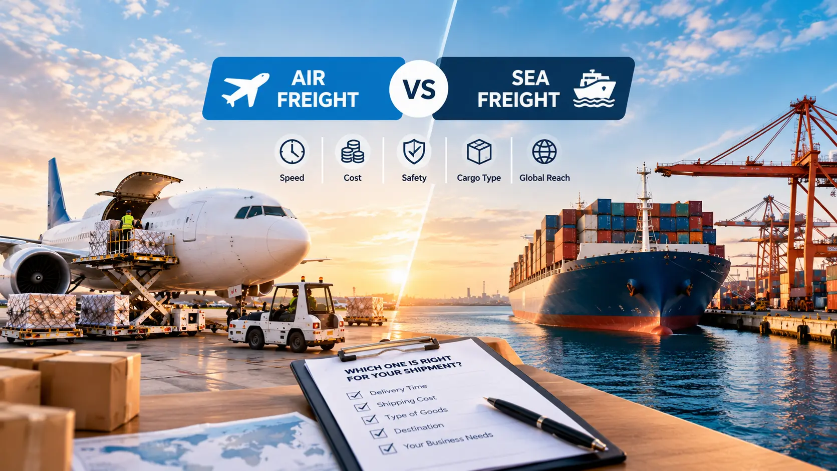 Air freight vs sea freight comparison with cargo plane and container ship