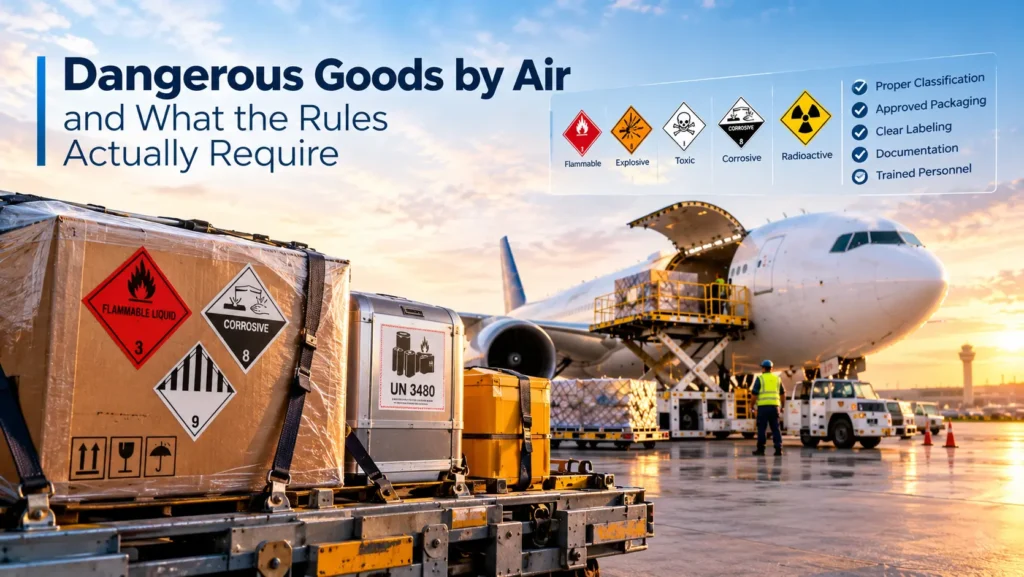Dangerous goods packages with hazard class labels ready for air transport